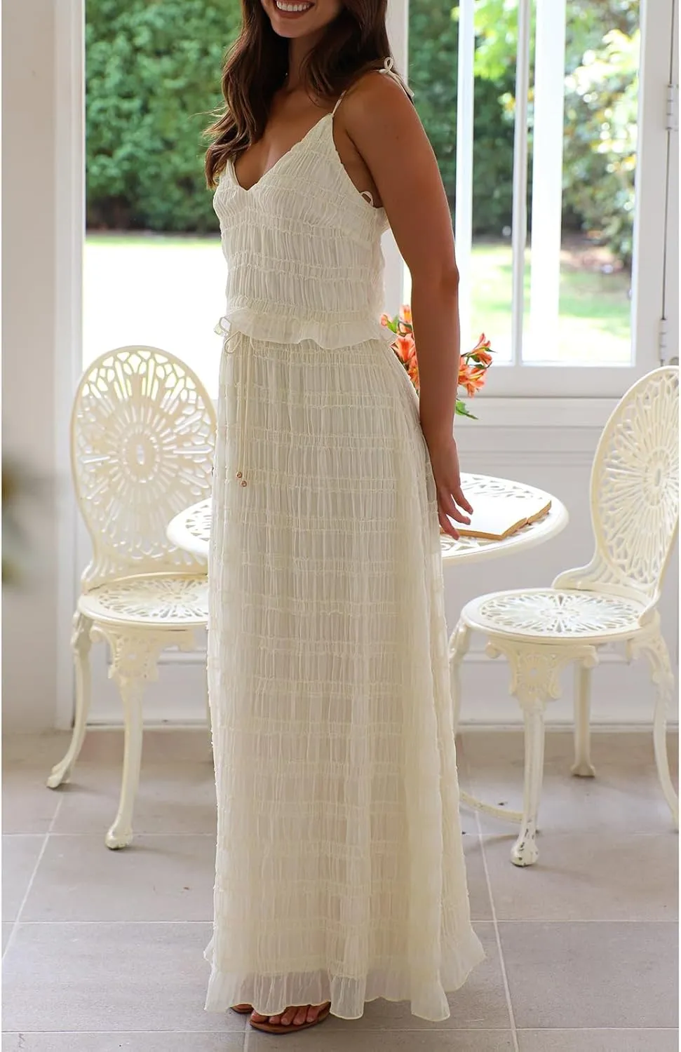 Two Piece Maxi Skirt Set Women Y2k Sexy Lace Sheer Halter Top and Smocked Pleated Long Maxi Sets 2 Piece Outfits