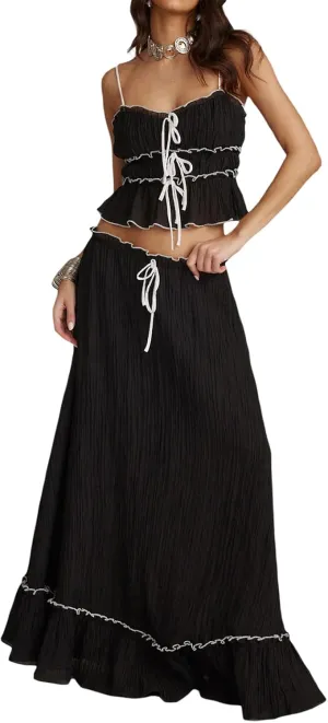 Two Piece Maxi Skirt Set Women Y2k Sexy Lace Sheer Halter Top and Smocked Pleated Long Maxi Sets 2 Piece Outfits