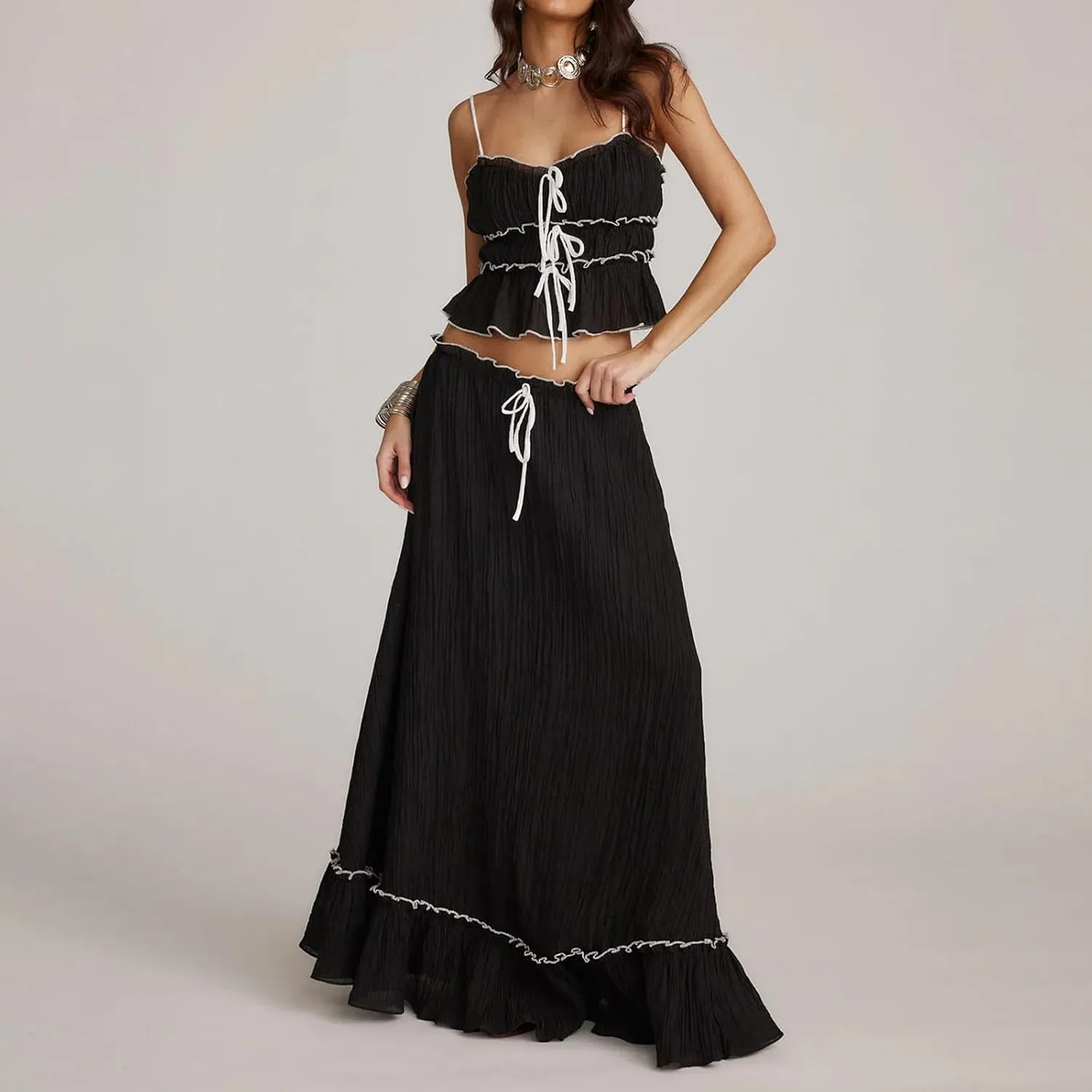 Two Piece Maxi Skirt Set Women Y2k Sexy Lace Sheer Halter Top and Smocked Pleated Long Maxi Sets 2 Piece Outfits