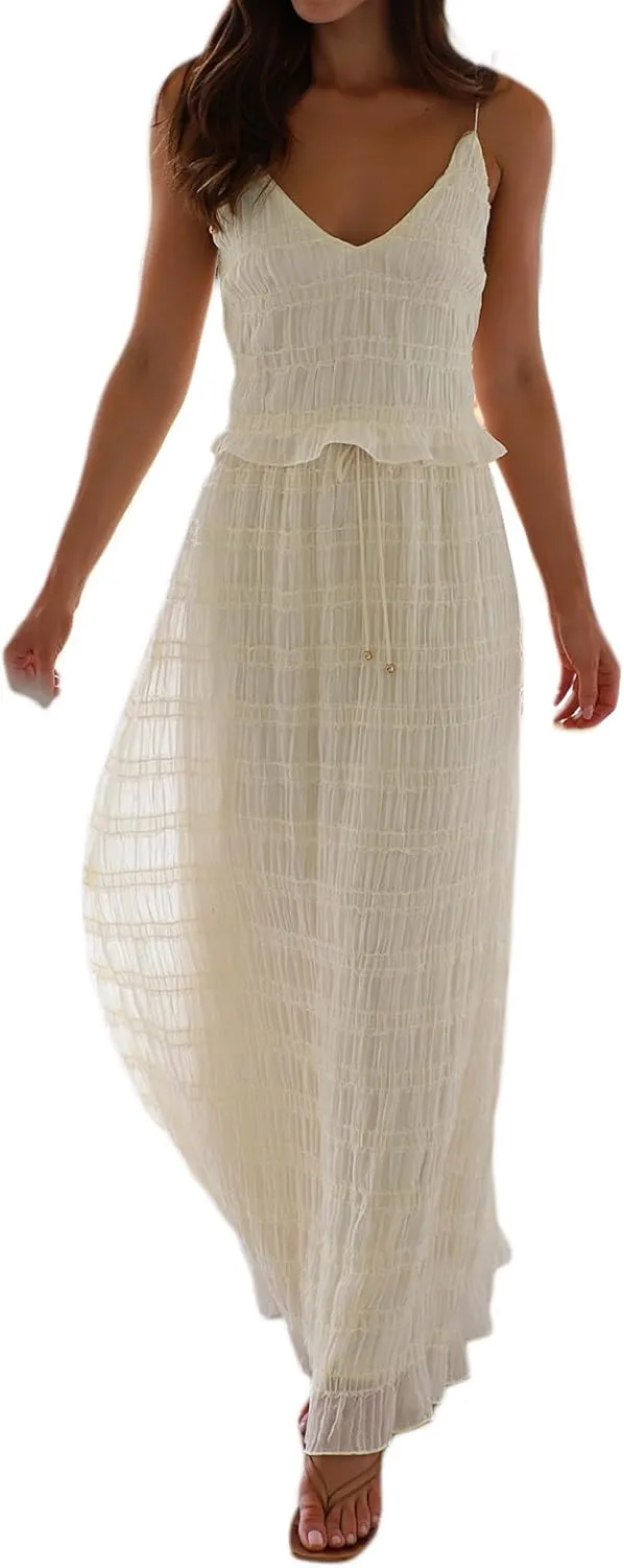 Two Piece Maxi Skirt Set Women Y2k Sexy Lace Sheer Halter Top and Smocked Pleated Long Maxi Sets 2 Piece Outfits