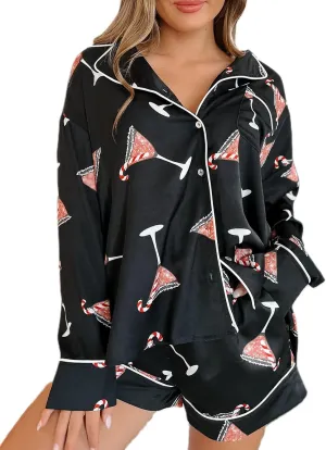 UAURORAO Women Christmas Cartoon Satin Shorts Set Long Sleeve Cute Print Button Down Shirts Colorful Pj Set Sleepwear