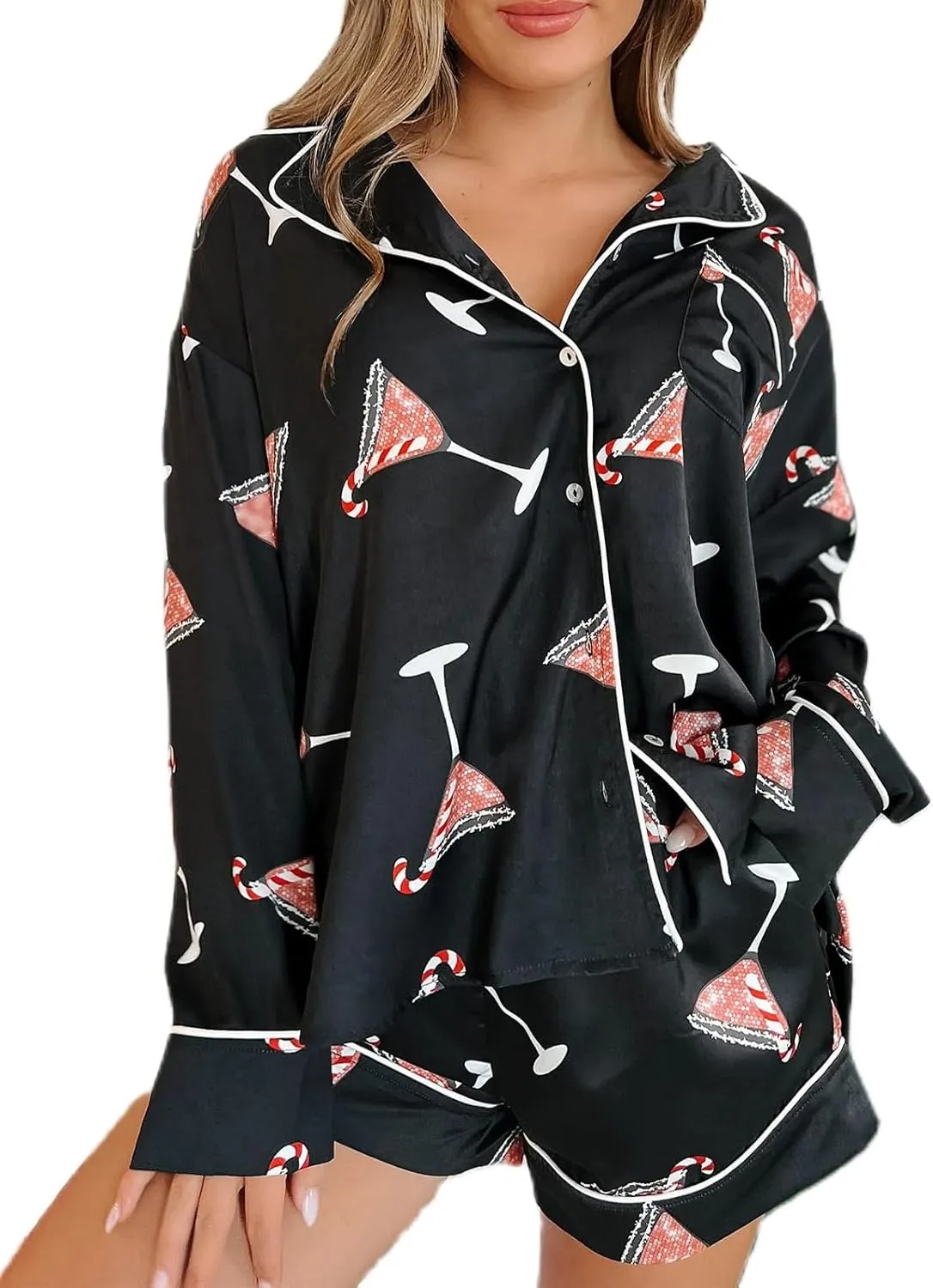 UAURORAO Women Christmas Cartoon Satin Shorts Set Long Sleeve Cute Print Button Down Shirts Colorful Pj Set Sleepwear