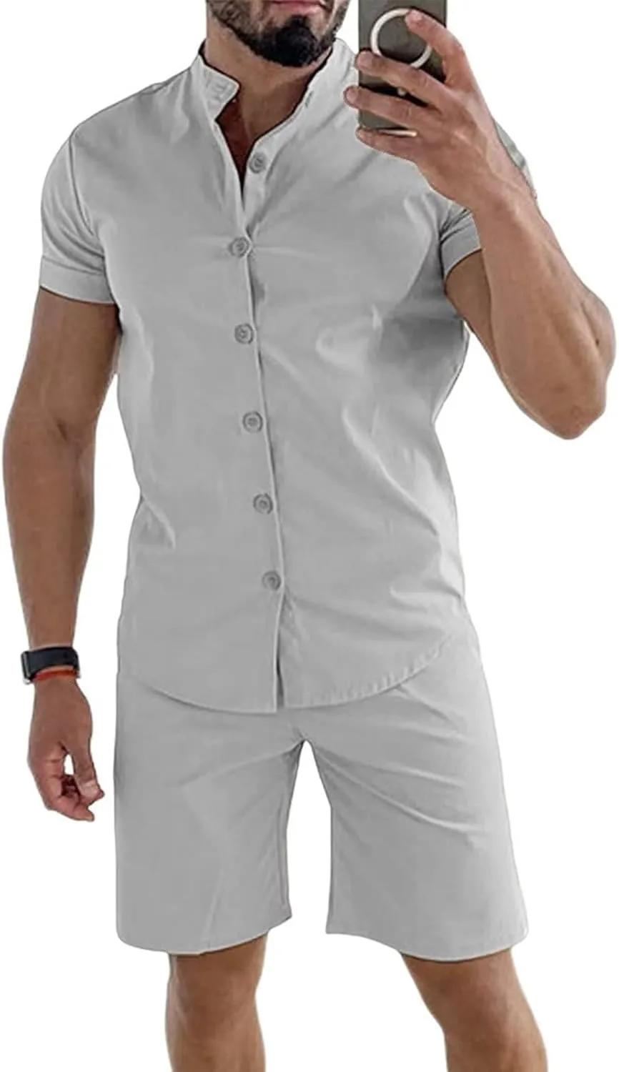 Uni Clau Mens Short Sets 2 Piece Outfits Summer Button Down Shirt and Shorts Set Beach Tracksuit