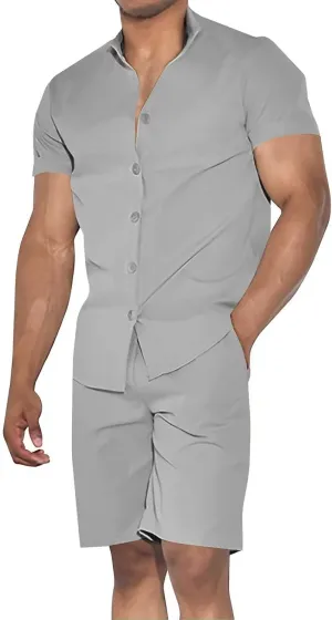 Uni Clau Mens Short Sets 2 Piece Outfits Summer Button Down Shirt and Shorts Set Beach Tracksuit