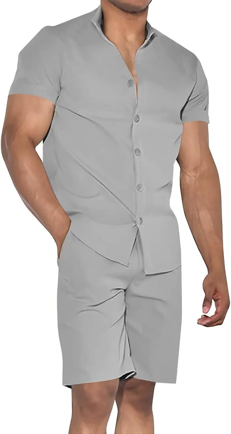 Uni Clau Mens Short Sets 2 Piece Outfits Summer Button Down Shirt and Shorts Set Beach Tracksuit