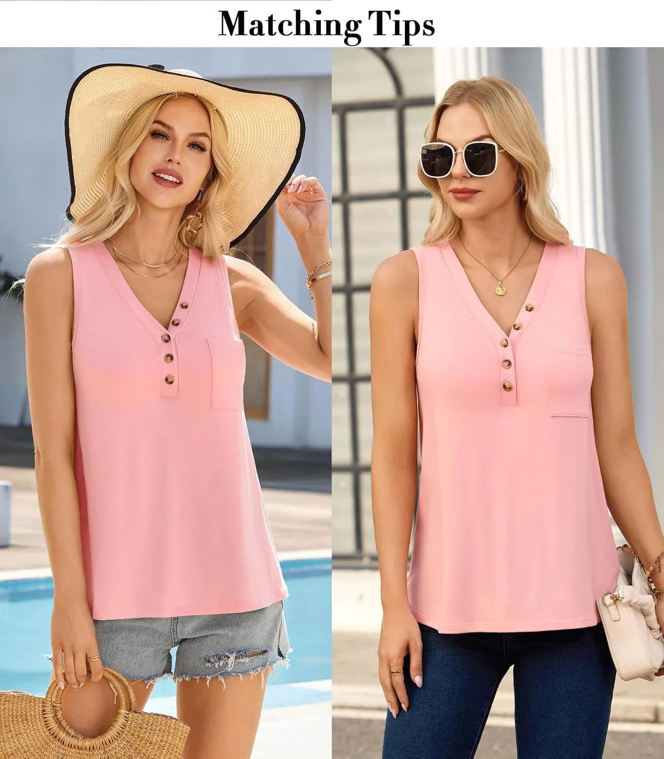V FOR CITY Tank Top with Built-in Bra V Neck Loose Fit Camisole Tops for Women Casual Buttoned Cami Shirts
