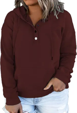 VISLILY Women's-Plus-Size-Hoodies Buttons Collar Hooded Sweatshirts Drawstring Pullover Tops with Kangaroo Pocket XL-4XL