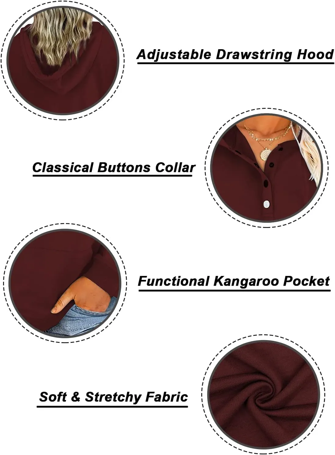 VISLILY Women's-Plus-Size-Hoodies Buttons Collar Hooded Sweatshirts Drawstring Pullover Tops with Kangaroo Pocket XL-4XL
