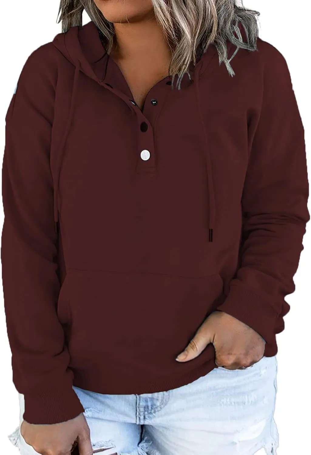 VISLILY Women's-Plus-Size-Hoodies Buttons Collar Hooded Sweatshirts Drawstring Pullover Tops with Kangaroo Pocket XL-4XL