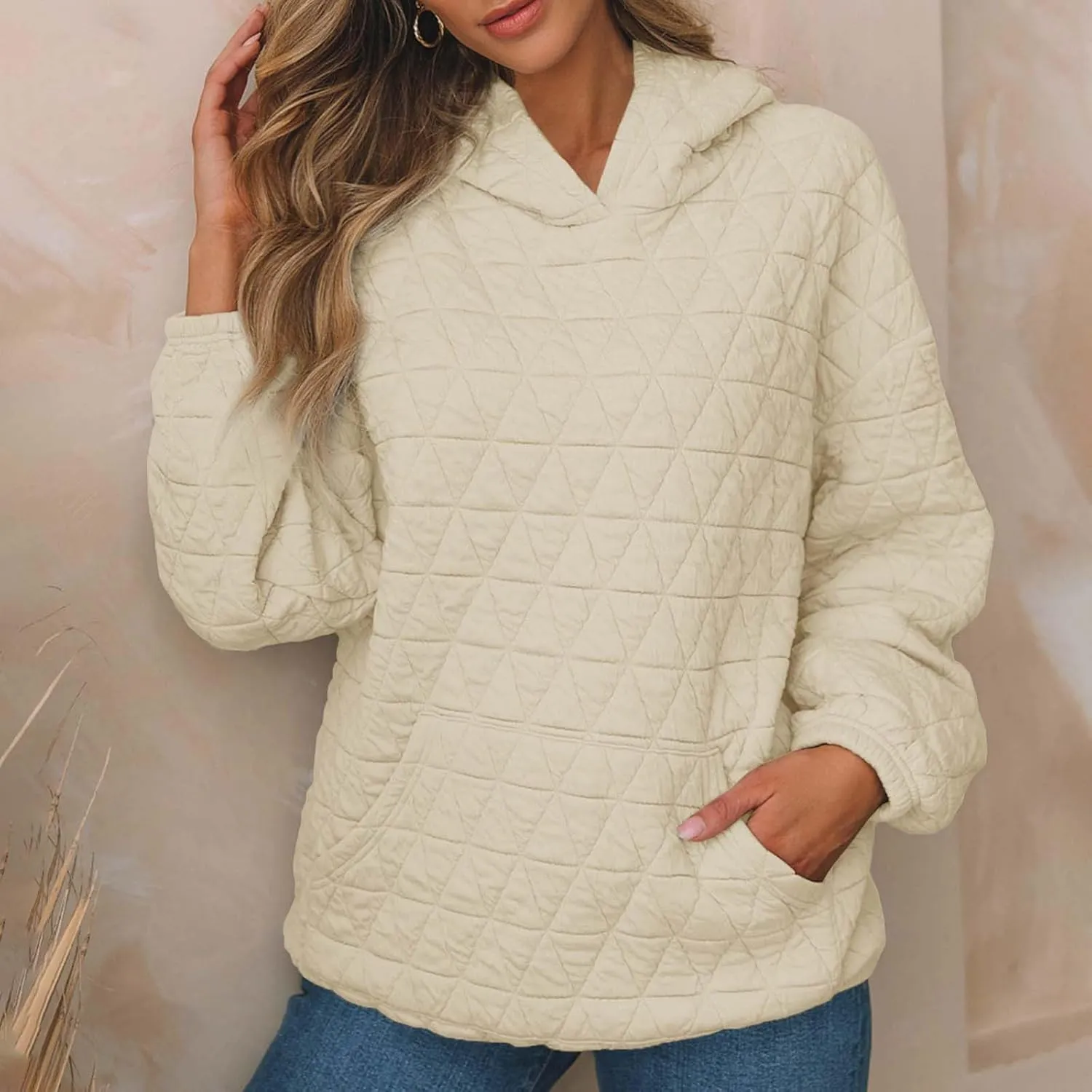 Warm Hooded Sweatshirts for Women Solid Plaid Casual Fall Winter Hoodies Oversized Comfy Blouses for Outing Street