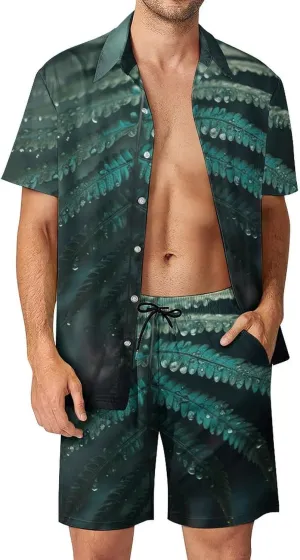 Water on Plants Mens Swimsuit 2 Pieces Set Quick Dry Shorts Shirts Summer Button Down Short Sleeve Set