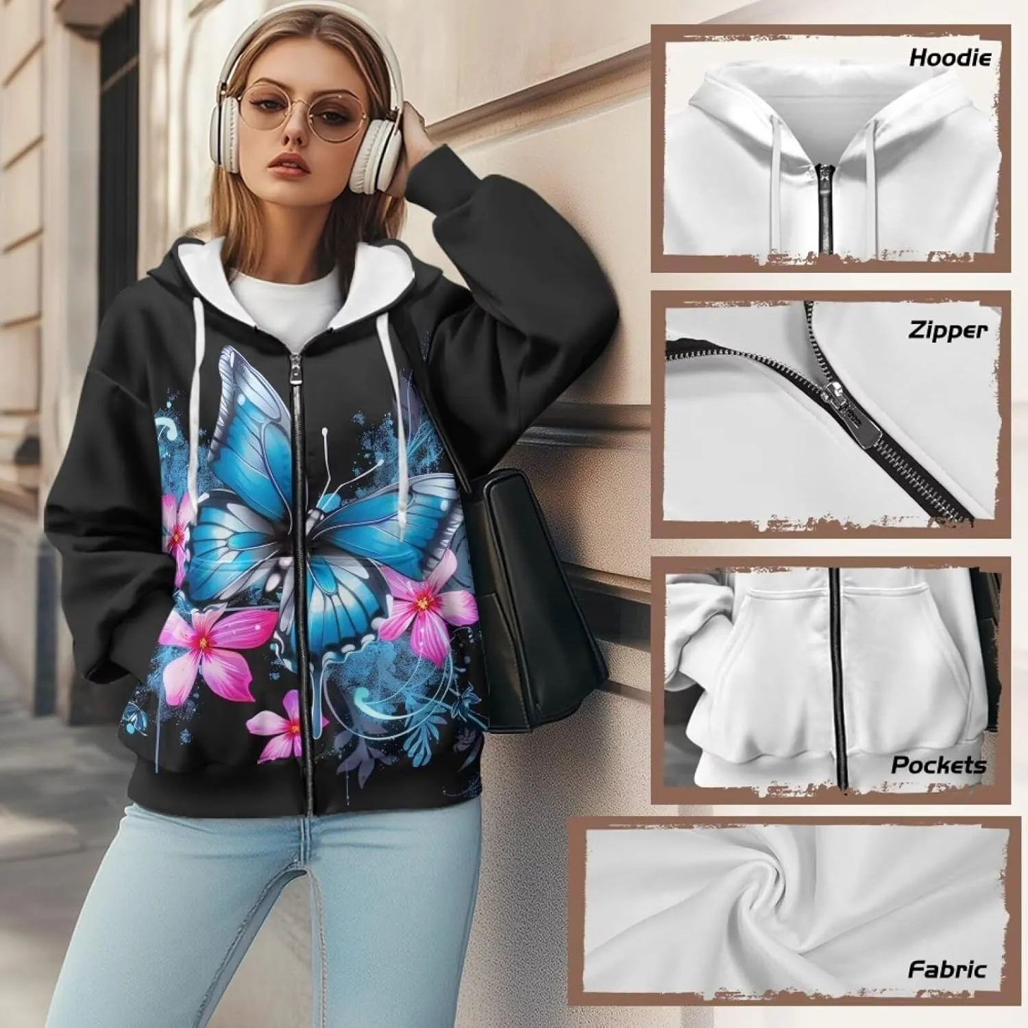 WELLFLYHOM Oversize Sweatshirt Womens Fashion Zip Up Hoodies Vintage Y2K Cardigan Jacket Hooded Sweater Shirts XS-4XL