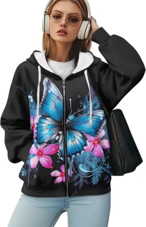 WELLFLYHOM Oversize Sweatshirt Womens Fashion Zip Up Hoodies Vintage Y2K Cardigan Jacket Hooded Sweater Shirts XS-4XL