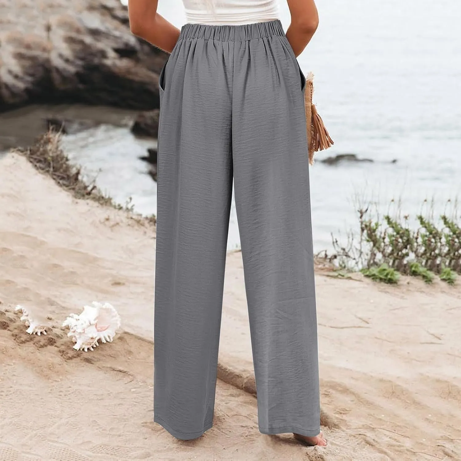 Wide Leg Dress Pants for Women High Waisted Business Casual Work Pants Comfy Baggy Pull On Trousers with Pockets