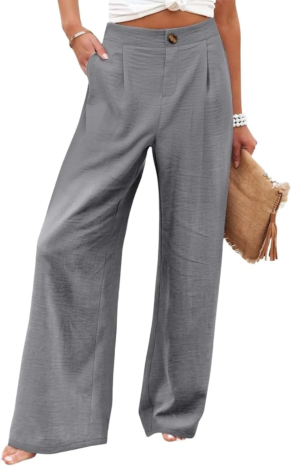 Wide Leg Dress Pants for Women High Waisted Business Casual Work Pants Comfy Baggy Pull On Trousers with Pockets