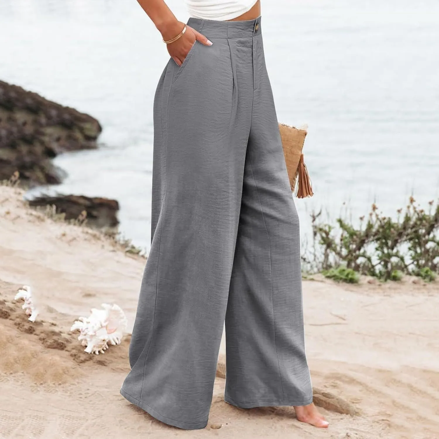 Wide Leg Dress Pants for Women High Waisted Business Casual Work Pants Comfy Baggy Pull On Trousers with Pockets