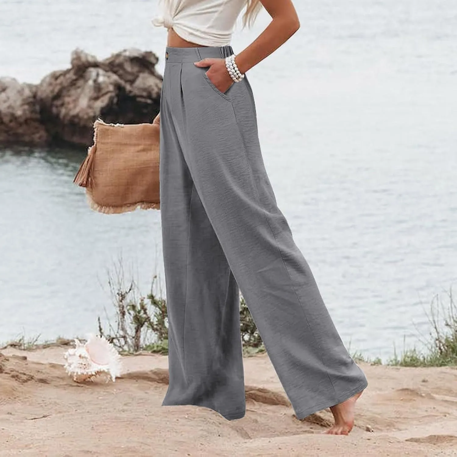 Wide Leg Dress Pants for Women High Waisted Business Casual Work Pants Comfy Baggy Pull On Trousers with Pockets