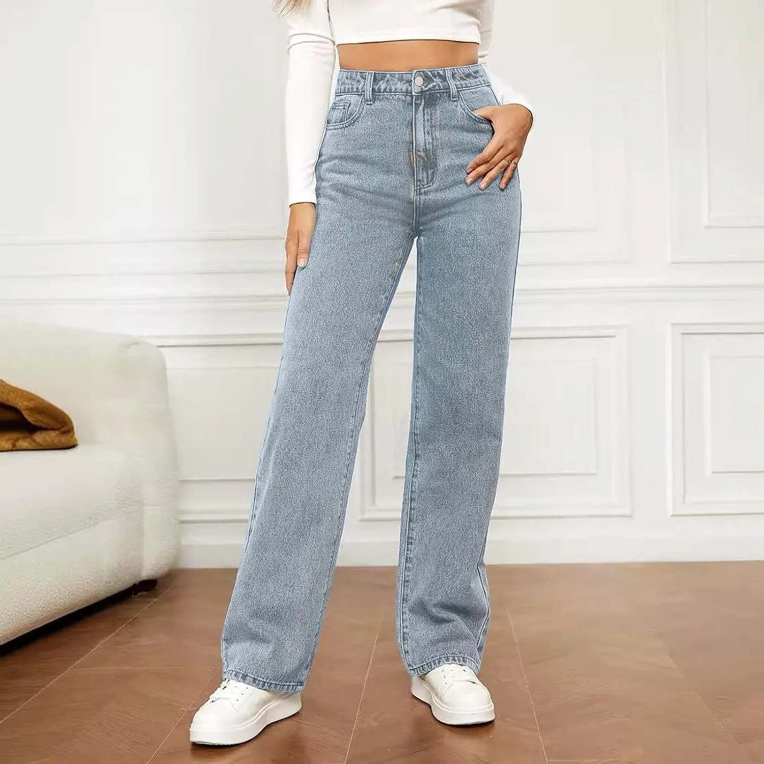 Wide Leg Jeans for Women High Waisted Stretchy Casual Denim Pants Vintage Wash Loose Comfy Jean Trousers with Pocket