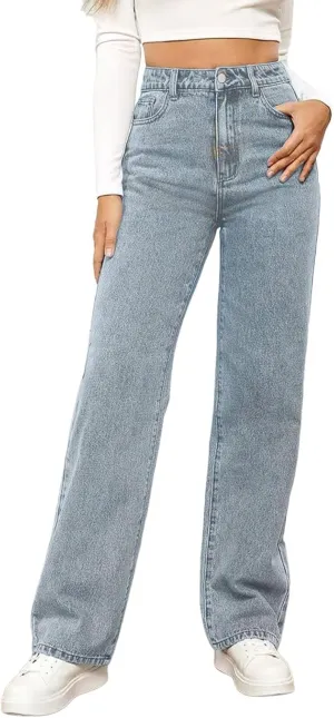 Wide Leg Jeans for Women High Waisted Stretchy Casual Denim Pants Vintage Wash Loose Comfy Jean Trousers with Pocket