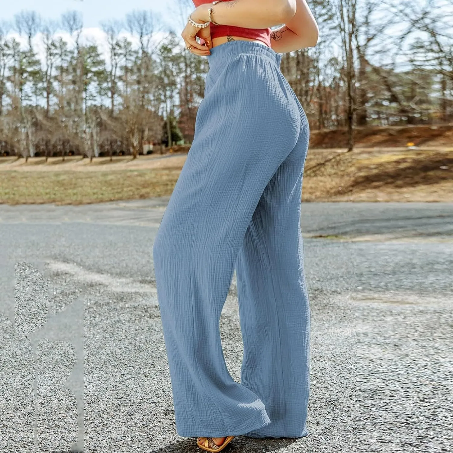 Wide Leg Linen Pant Woman Summer Beach Drawstring Elastic High Waist Palazzo Pant Cotton Linen Trousers with Pockets