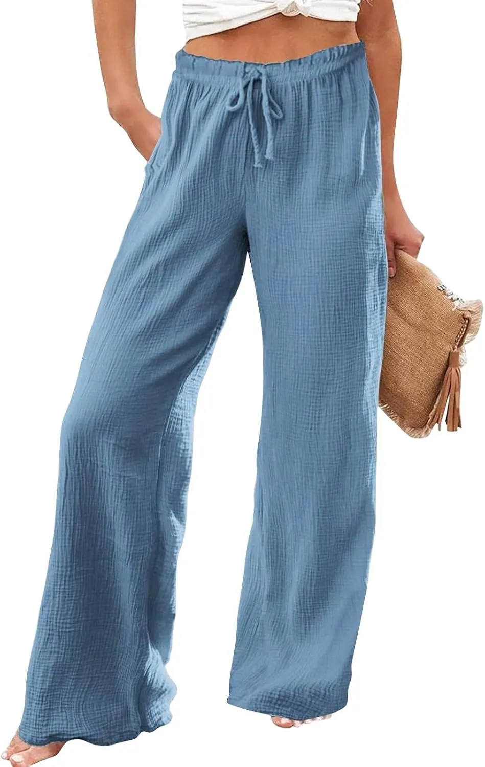 Wide Leg Linen Pant Woman Summer Beach Drawstring Elastic High Waist Palazzo Pant Cotton Linen Trousers with Pockets