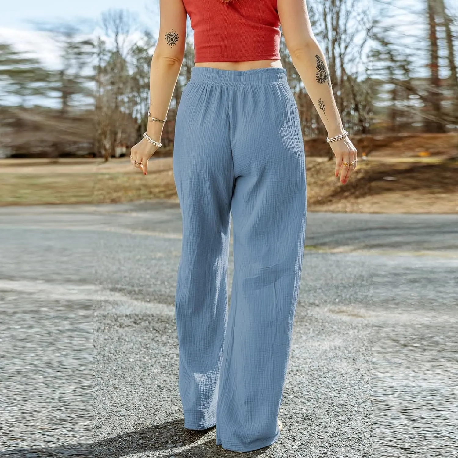 Wide Leg Linen Pant Woman Summer Beach Drawstring Elastic High Waist Palazzo Pant Cotton Linen Trousers with Pockets