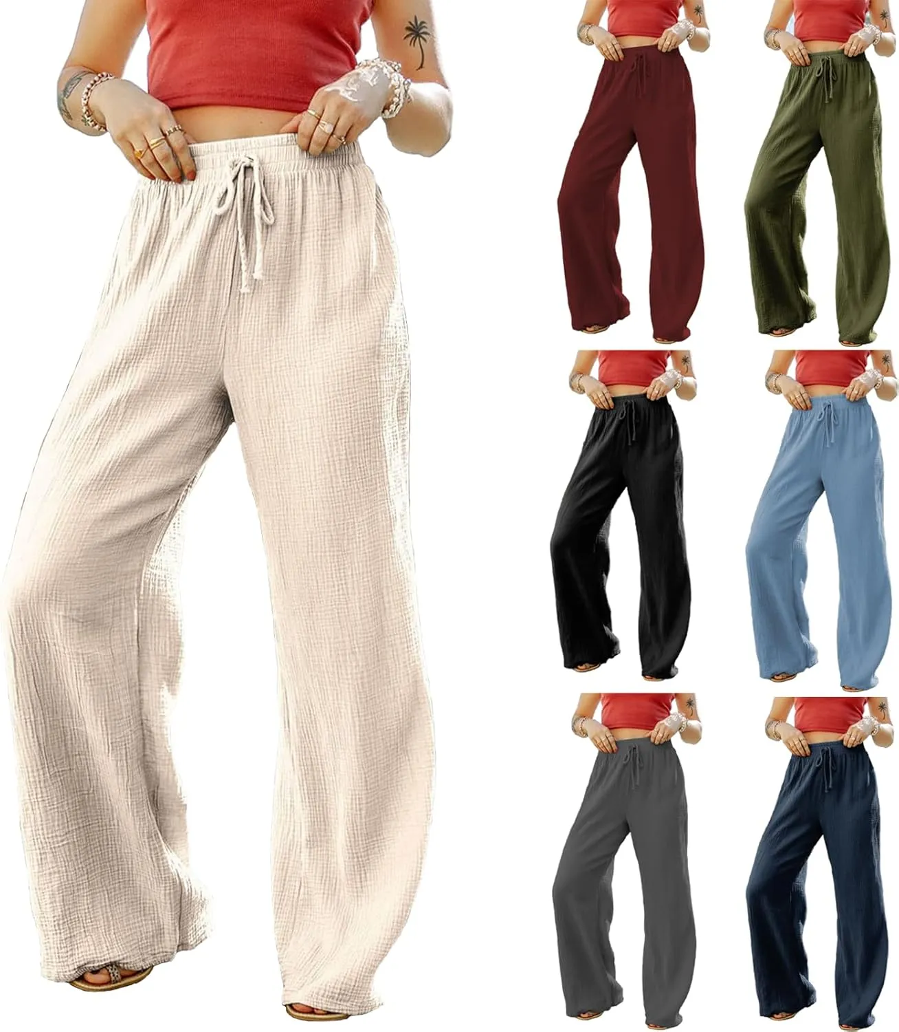Wide Leg Linen Pant Woman Summer Beach Drawstring Elastic High Waist Palazzo Pant Cotton Linen Trousers with Pockets