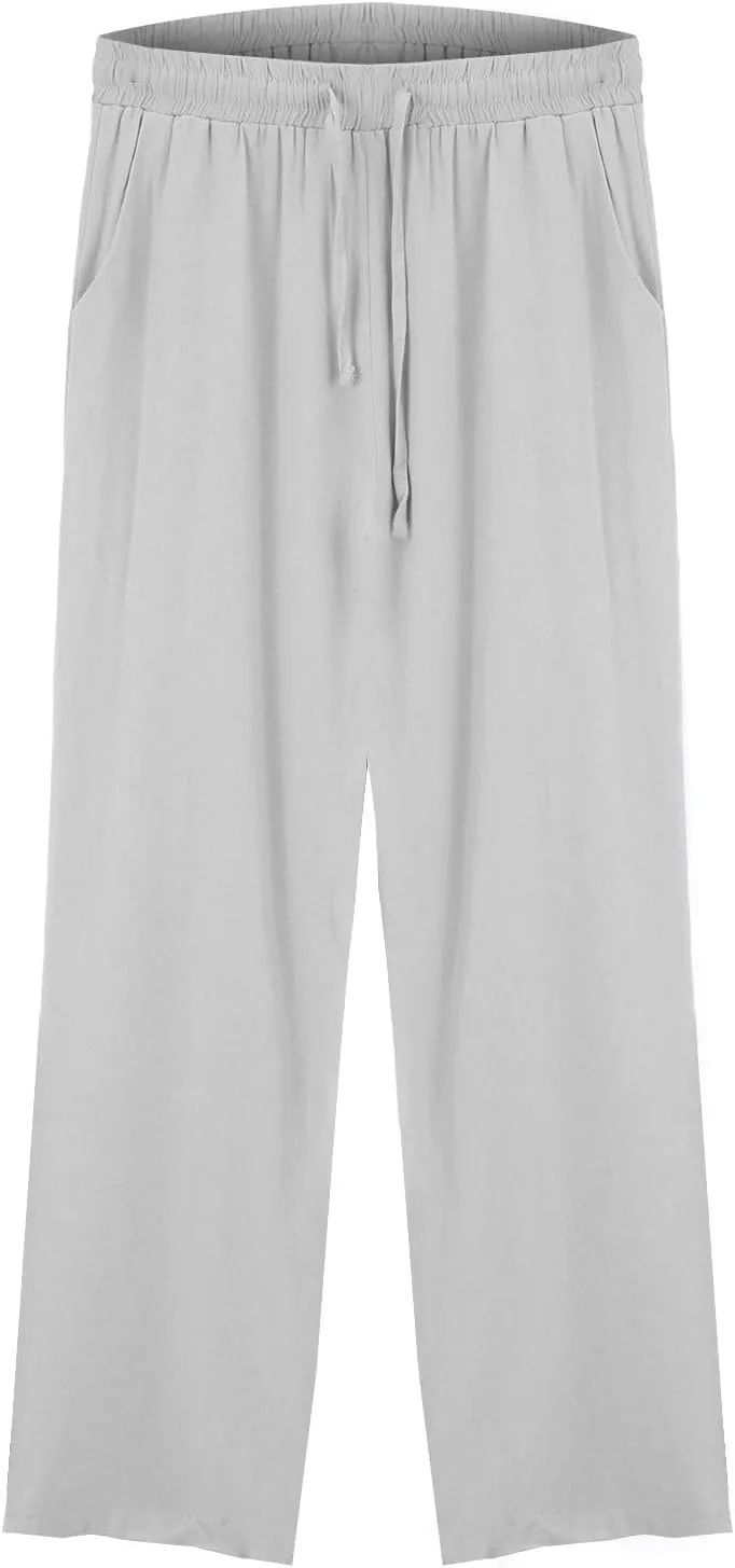 Wide Leg Linen Pants for Women Casual High Waisted Palazzo Crop Pants Lightweight Summer Flowy Trousers with Pockets