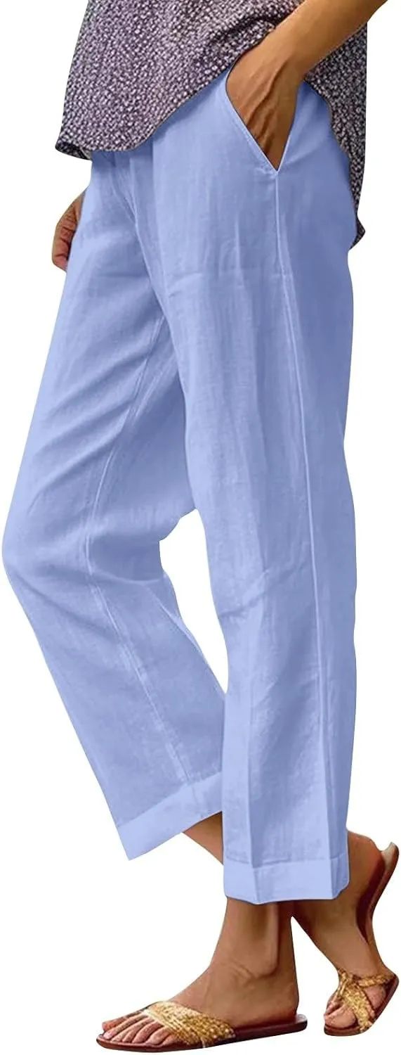 Wide Leg Linen Pants for Women Plus Size Cropped Linen Pants Casual Summer Elastic High Waisted Lounge Pants