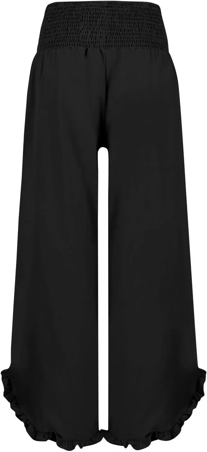 Wide Leg Linen Pants for Women Smocked Elastic Waist Ruffle Hem Palazzo Pants Lightweight Summer Casual Beach Trousers