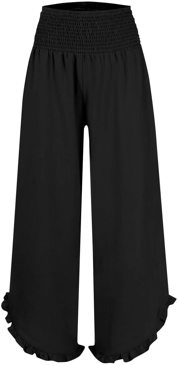 Wide Leg Linen Pants for Women Smocked Elastic Waist Ruffle Hem Palazzo Pants Lightweight Summer Casual Beach Trousers