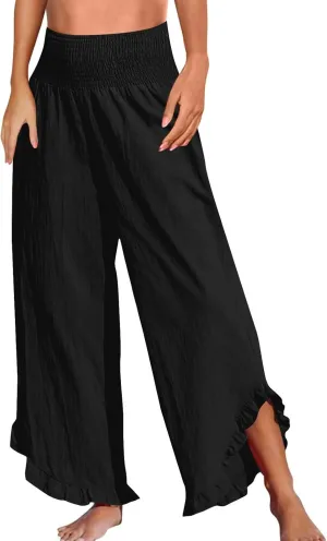 Wide Leg Linen Pants for Women Smocked Elastic Waist Ruffle Hem Palazzo Pants Lightweight Summer Casual Beach Trousers