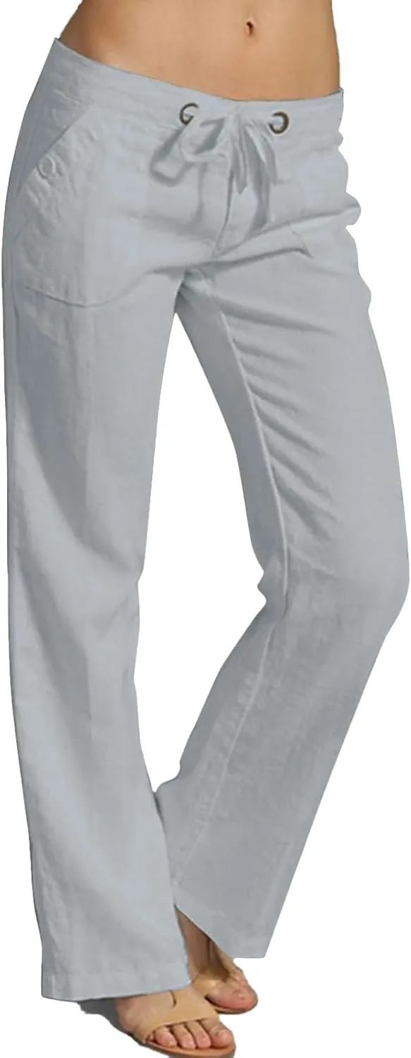 Wide Leg Linen Pants for Women Summer Low Waisted Palazzo Lounge Pants Drawstring Lightweight Trousers with Pockets