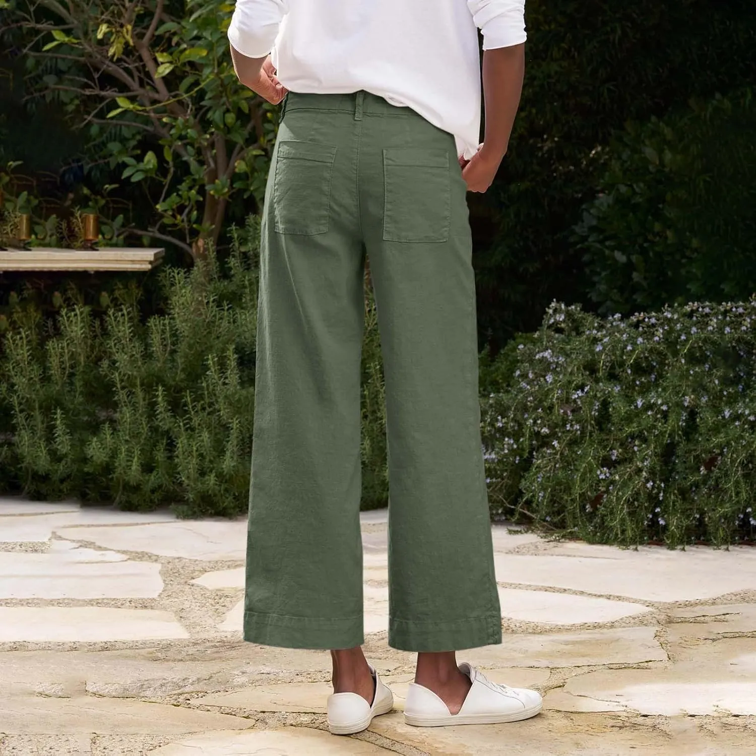 Wide Leg Linen Pants Women Cropped Elastic High Waisted Dress Pants Business Casual Comfy Work Trousers with Pockets