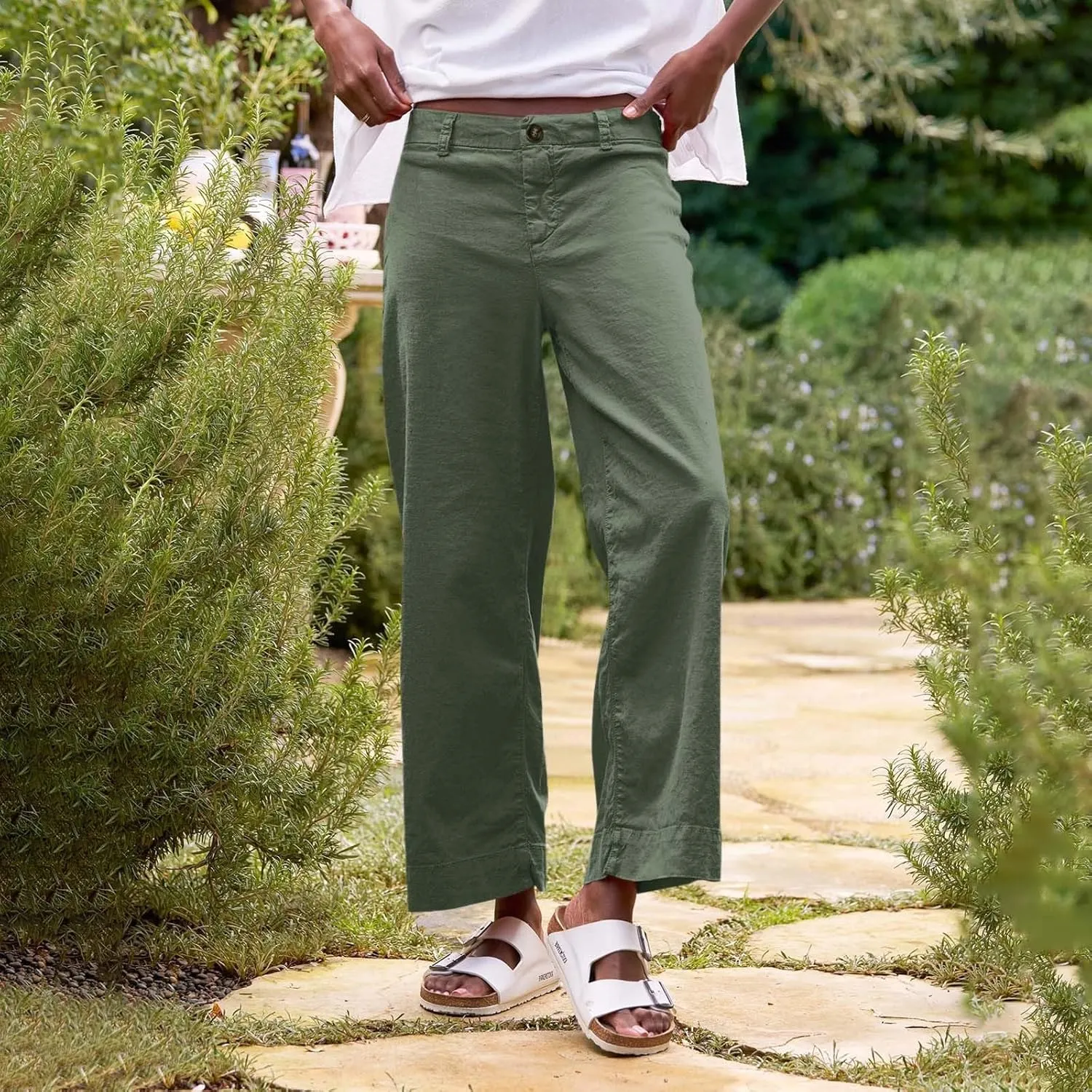Wide Leg Linen Pants Women Cropped Elastic High Waisted Dress Pants Business Casual Comfy Work Trousers with Pockets