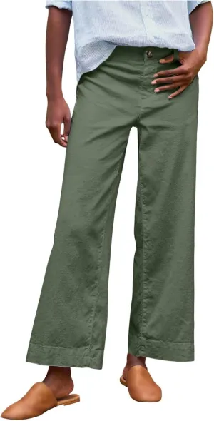 Wide Leg Linen Pants Women Cropped Elastic High Waisted Dress Pants Business Casual Comfy Work Trousers with Pockets