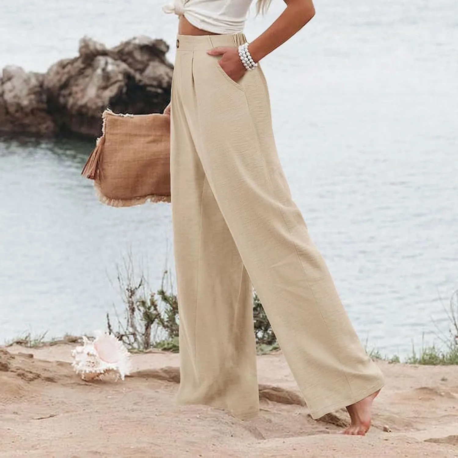 Wide Leg Pants for Women High Waist Solid Color Casual Trousers Comfy Workout Button Pants with Pockets