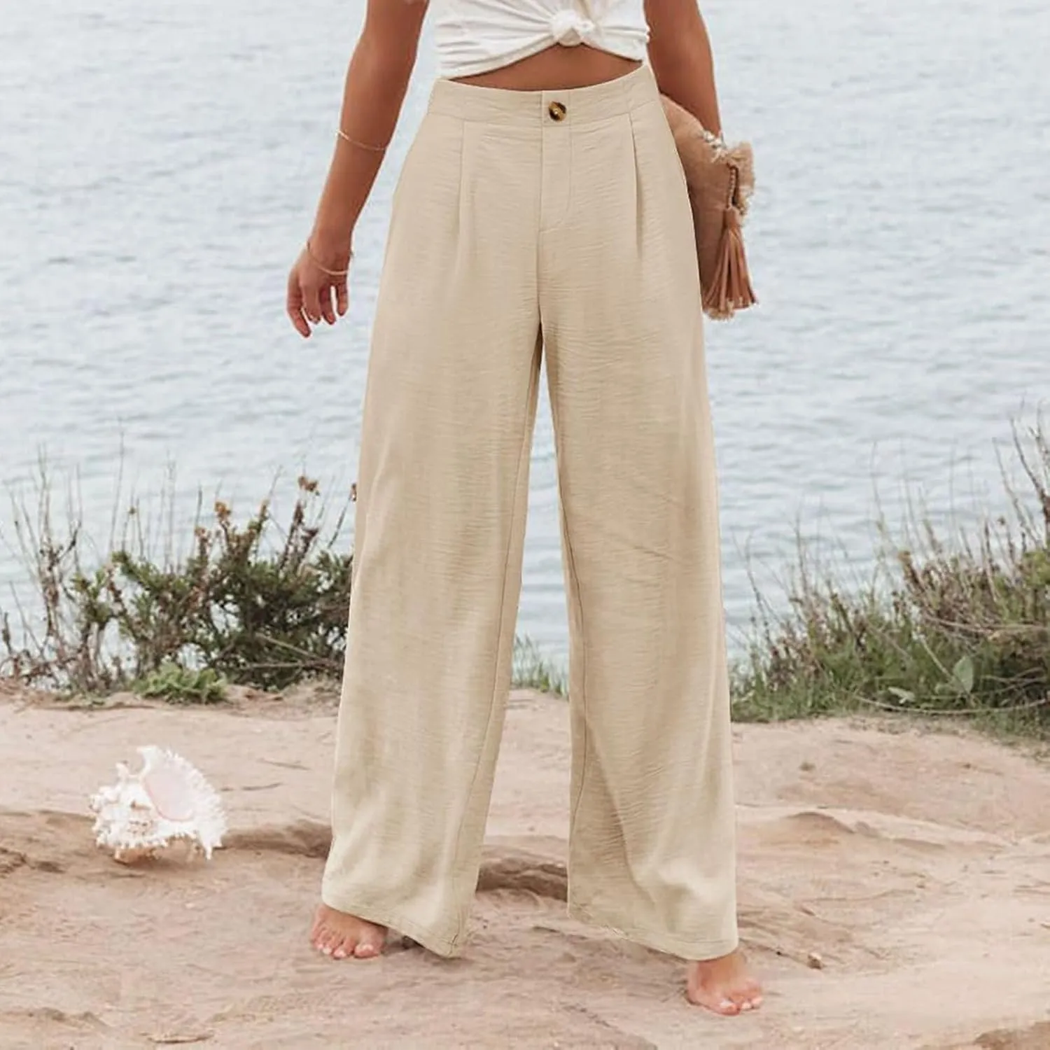 Wide Leg Pants for Women High Waist Solid Color Casual Trousers Comfy Workout Button Pants with Pockets