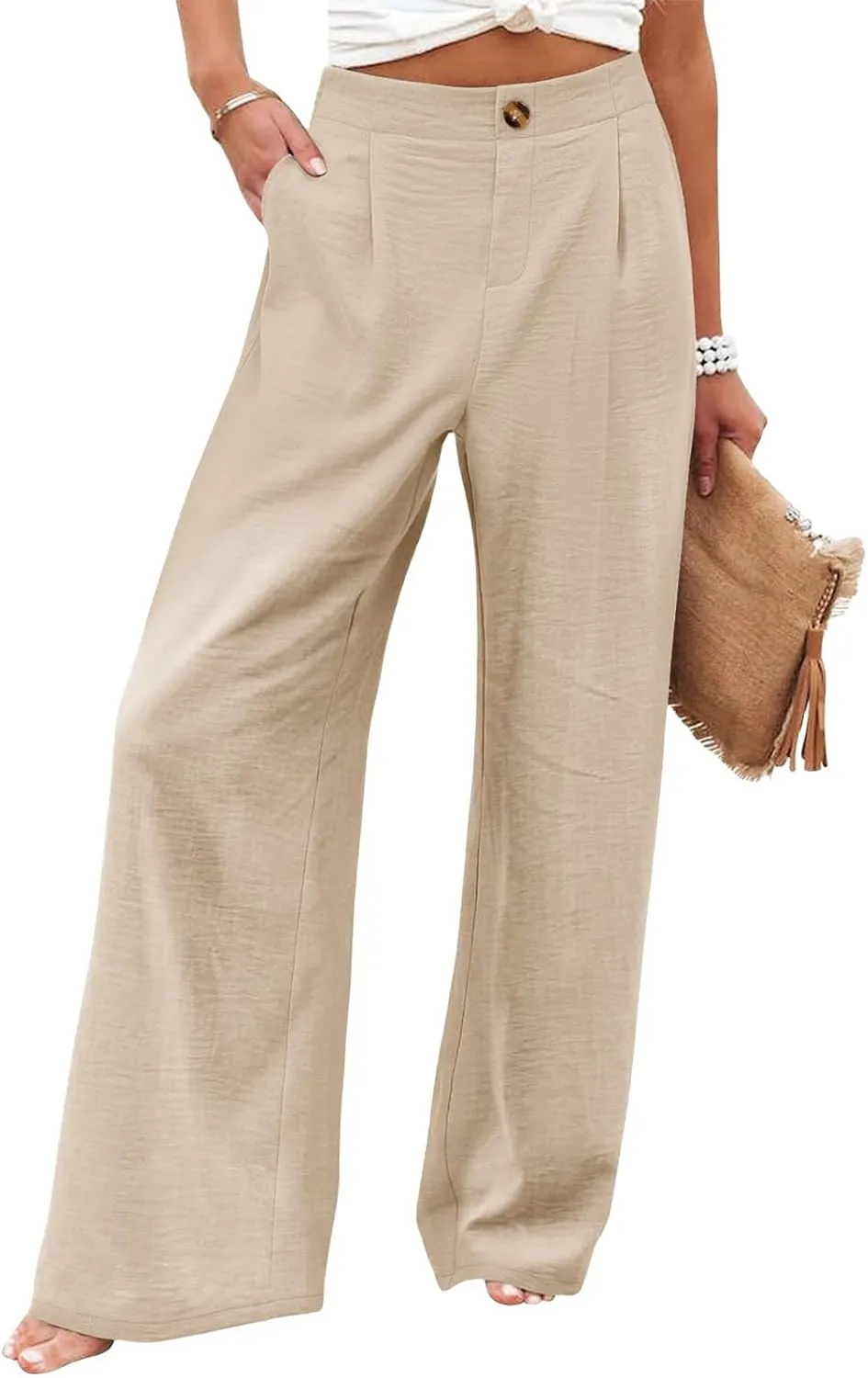 Wide Leg Pants for Women High Waist Solid Color Casual Trousers Comfy Workout Button Pants with Pockets