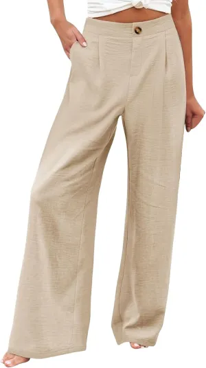 Wide Leg Pants for Women High Waist Solid Color Casual Trousers Comfy Workout Button Pants with Pockets