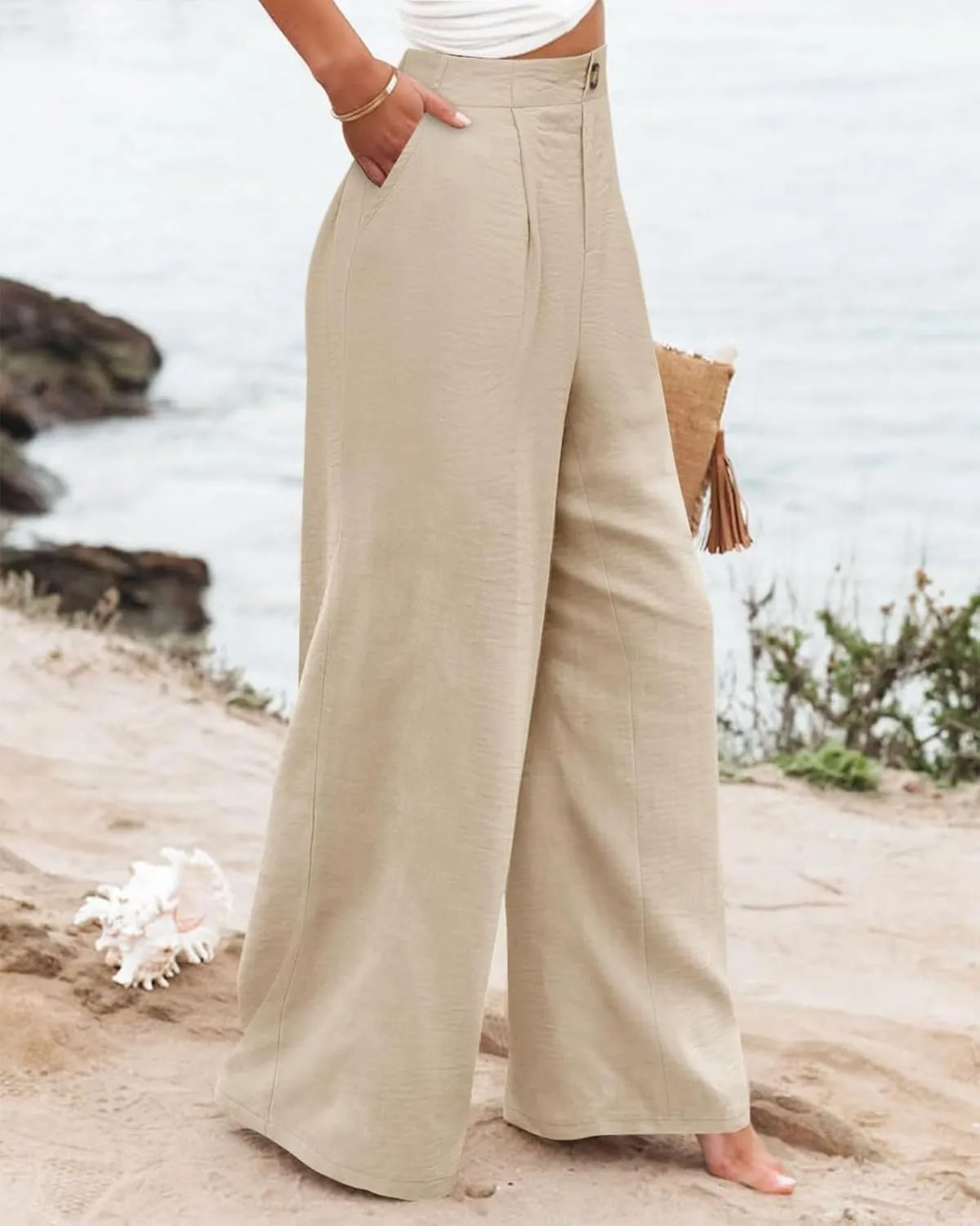 Wide Leg Pants for Women High Waist Solid Color Casual Trousers Comfy Workout Button Pants with Pockets