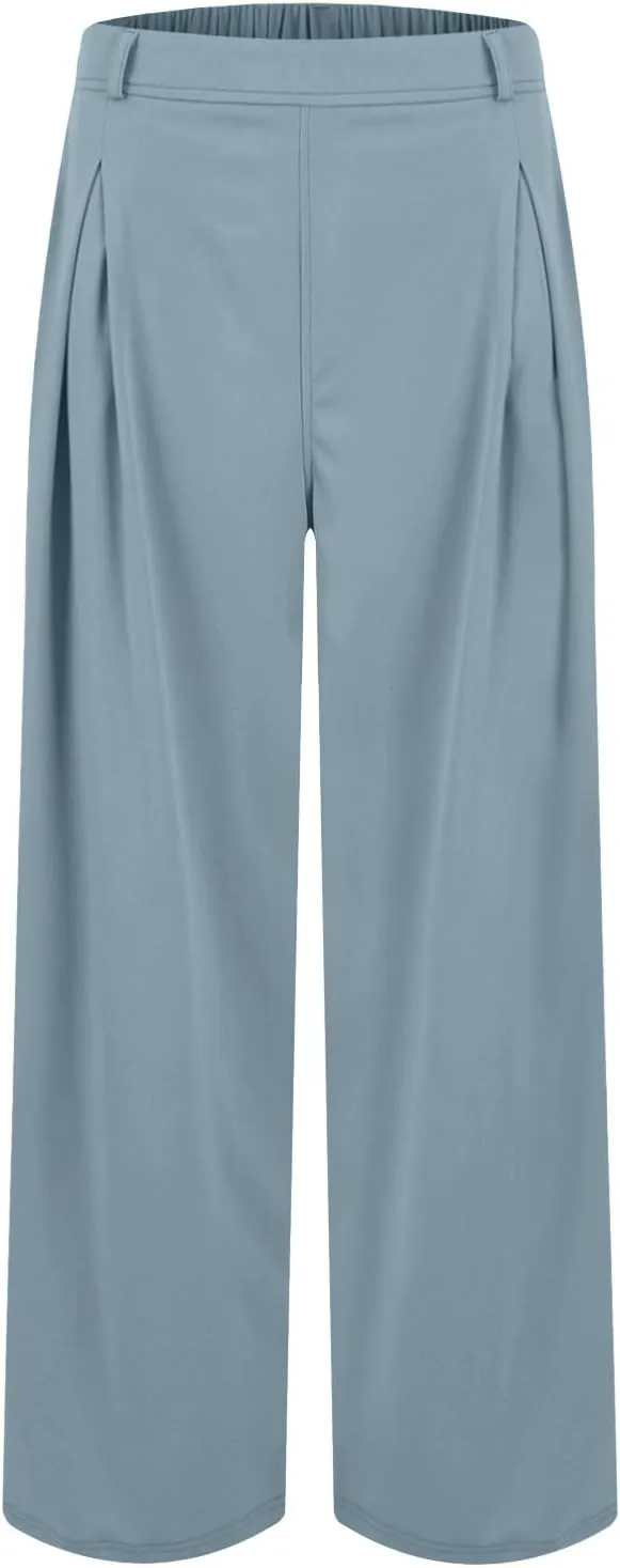Wide Leg Pants for Women Pull On Flowy Palazzo Pants Lightweight Summer High Wasited Dress Pants with Pockets