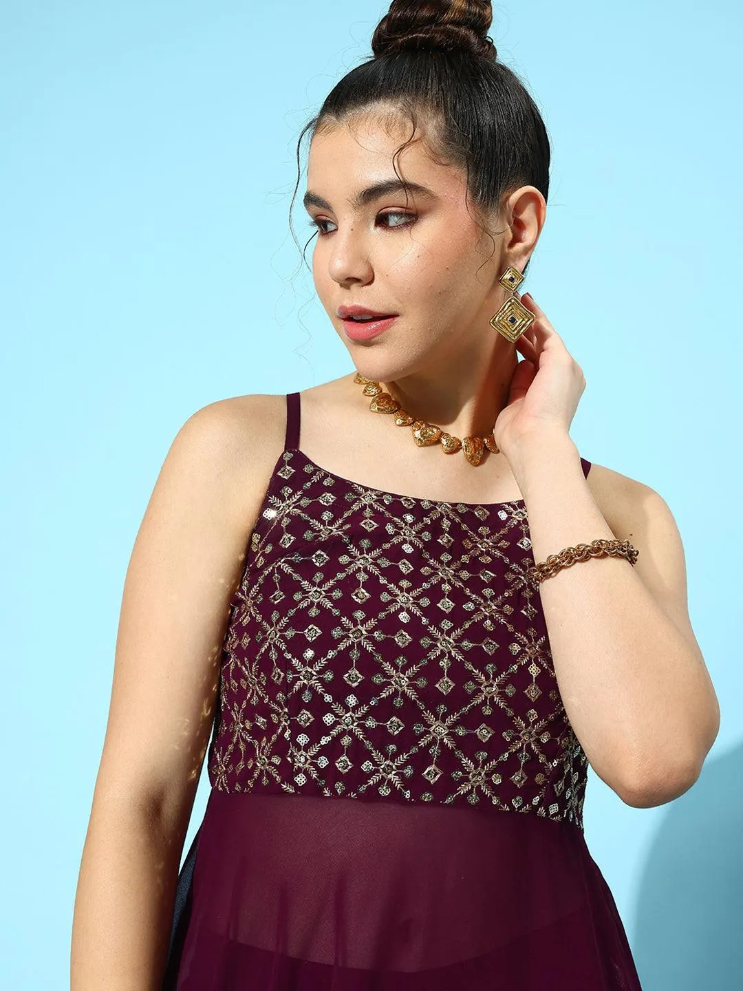 Wine Embellished Georgette Co-Ords