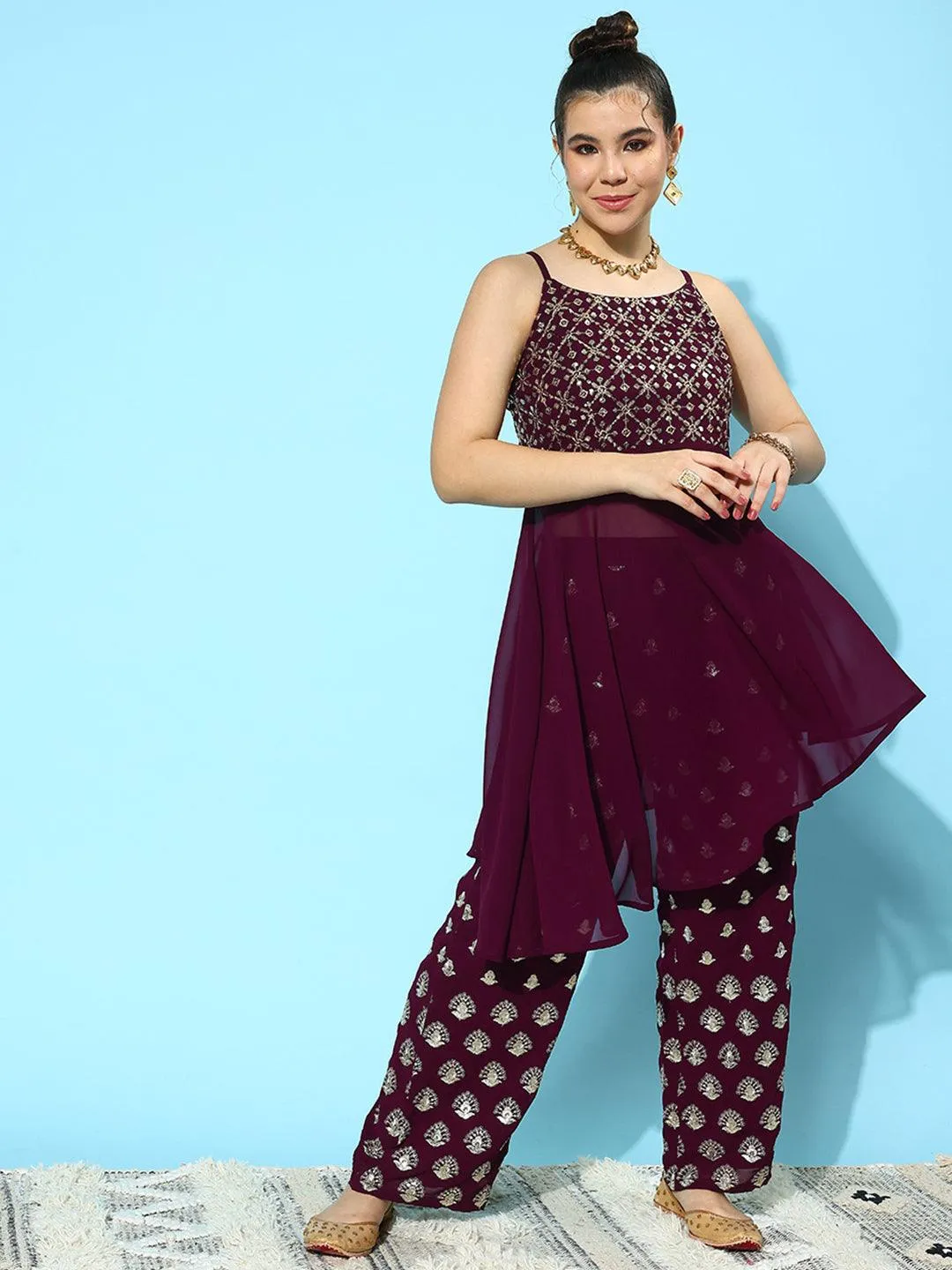 Wine Embellished Georgette Co-Ords