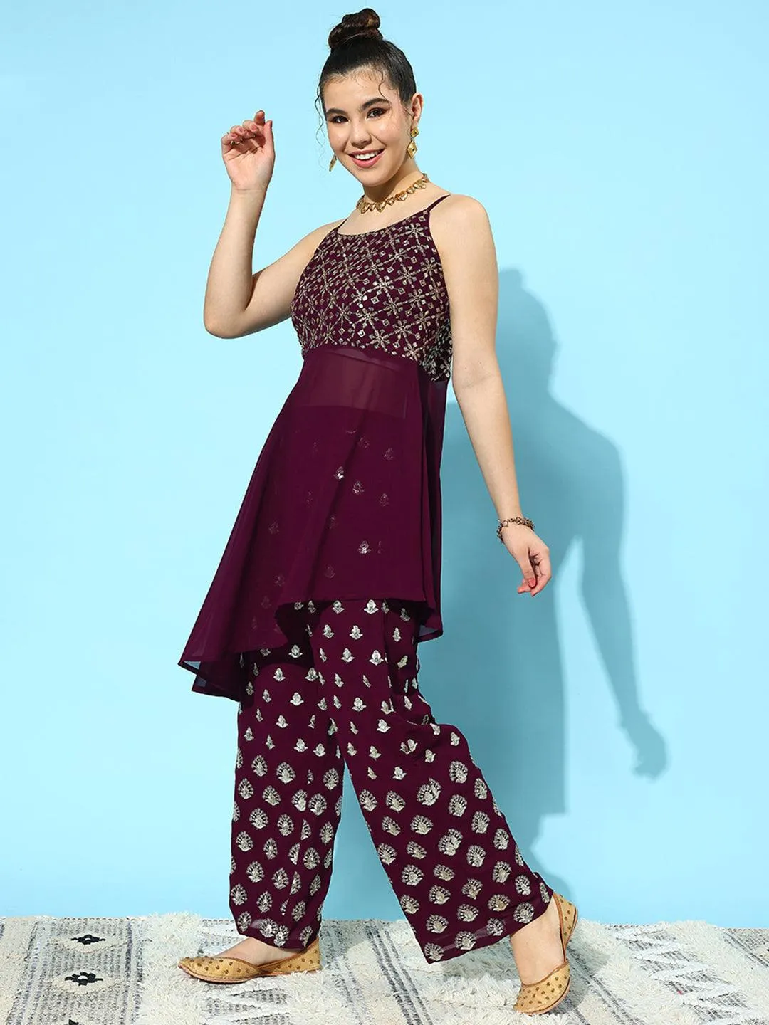 Wine Embellished Georgette Co-Ords