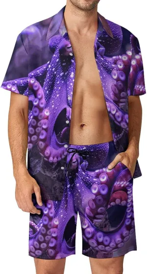 With Many Tentacles Mens Swimsuit 2 Pieces Set Quick Dry Shorts Shirts Summer Button Down Short Sleeve Set