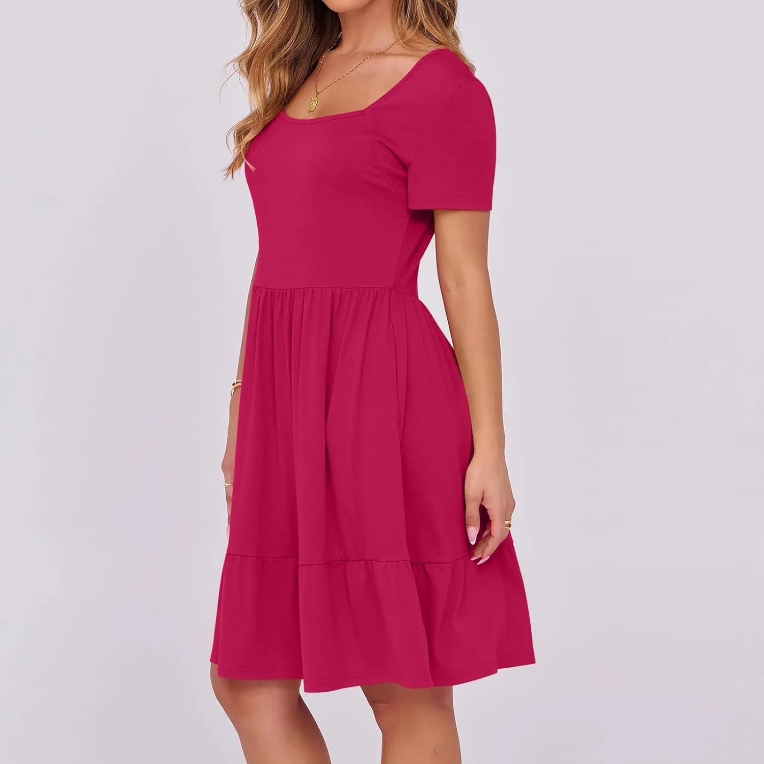 Women 2025 Summer Dress Elegant Square Neck Formal Short Sleeve Business Casual Outfits Ruffle Sundress with Pockets