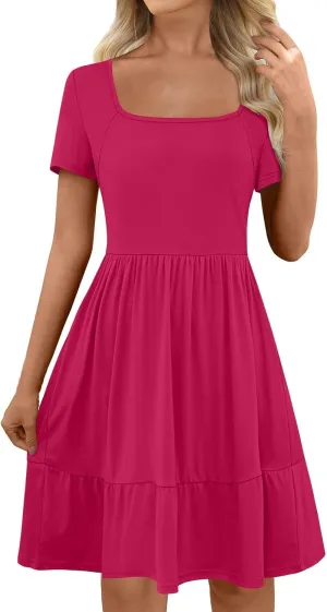 Women 2025 Summer Dress Elegant Square Neck Formal Short Sleeve Business Casual Outfits Ruffle Sundress with Pockets