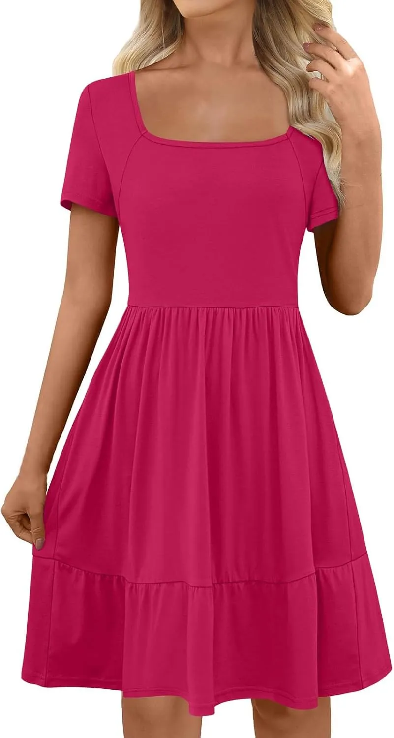 Women 2025 Summer Dress Elegant Square Neck Formal Short Sleeve Business Casual Outfits Ruffle Sundress with Pockets