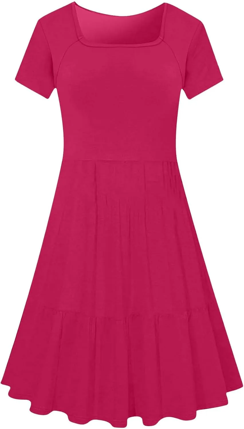 Women 2025 Summer Dress Elegant Square Neck Formal Short Sleeve Business Casual Outfits Ruffle Sundress with Pockets